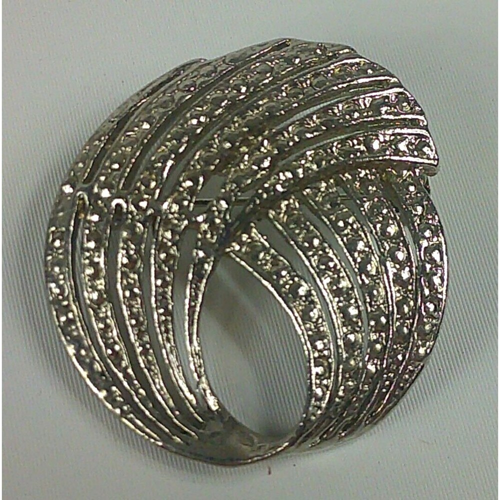 Vintage Silver Tone Textured Round Swirl Brooch Pin Art Deco Abstract 1.5 Inch